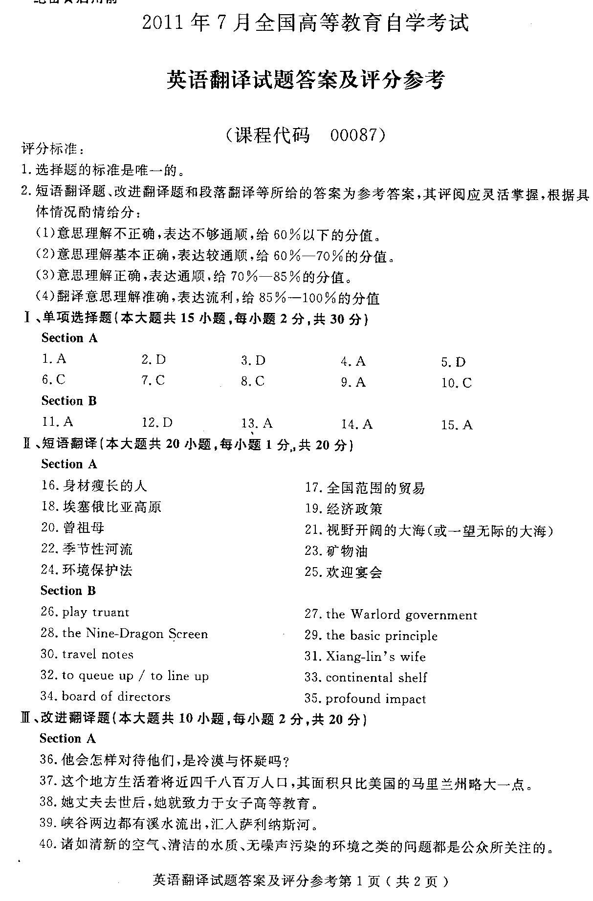 2011年7月全国自考英语翻译答案（一）